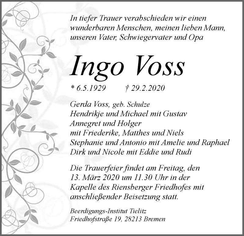 Traueranzeige von Ingo Voss von WESER-KURIER