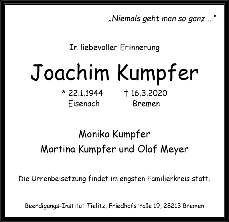 Traueranzeige von Joachim Kumpfer von WESER-KURIER