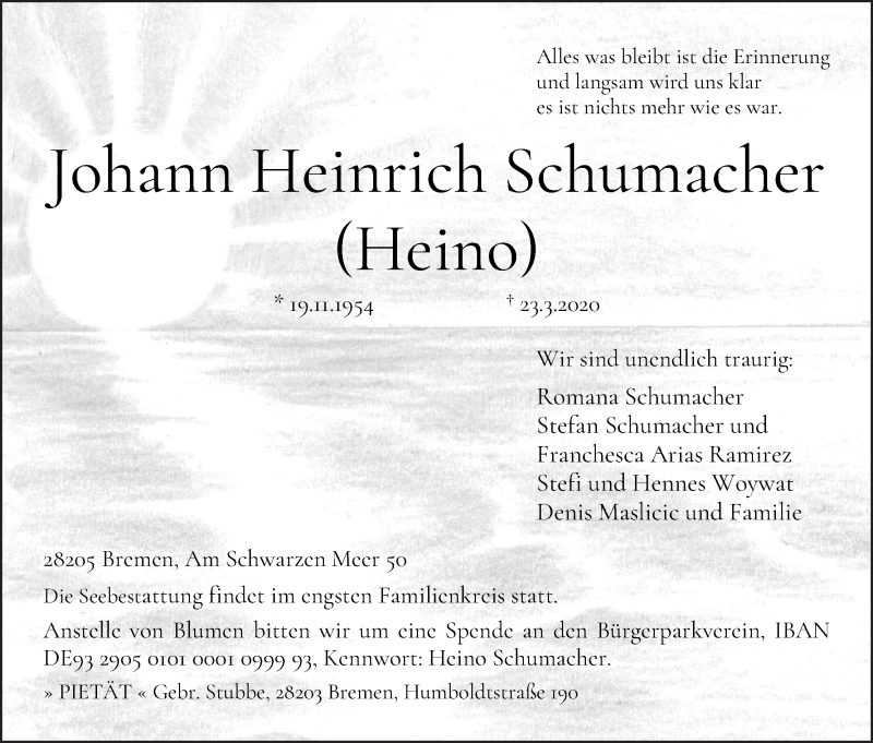 Traueranzeige von Johann Heinrich (Heino) Schumacher von WESER-KURIER