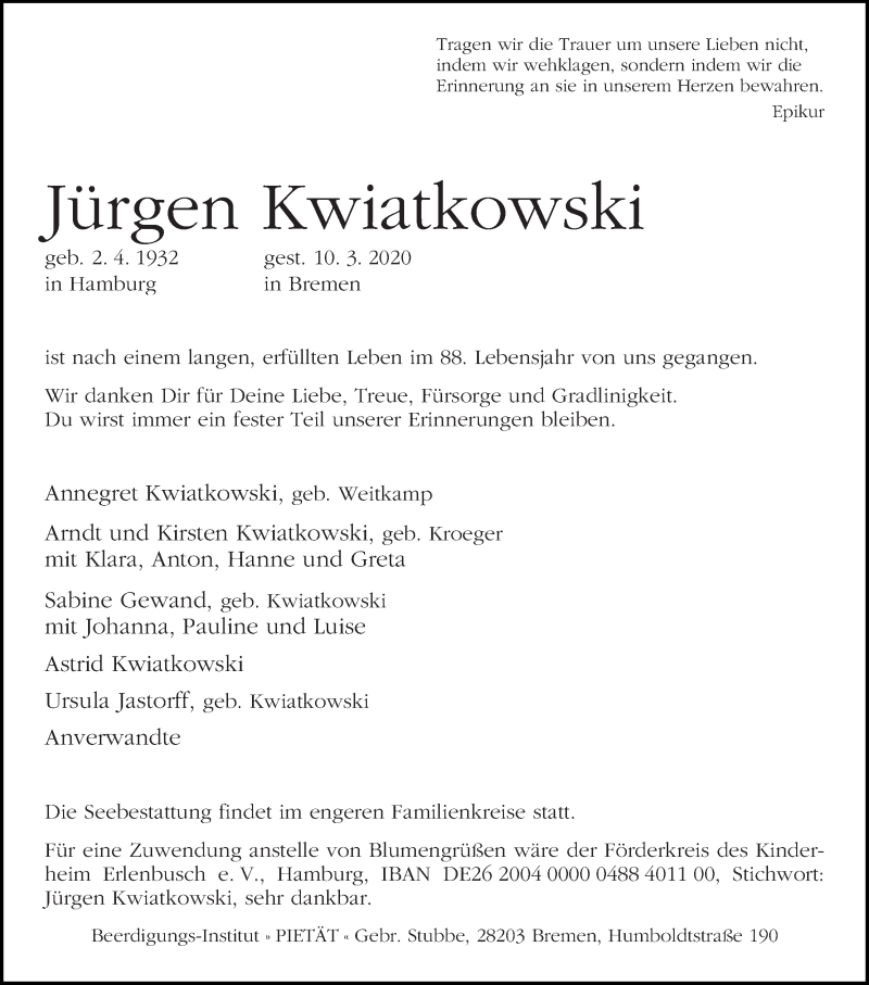 Traueranzeige von Jürgen Kwiatkowski von WESER-KURIER
