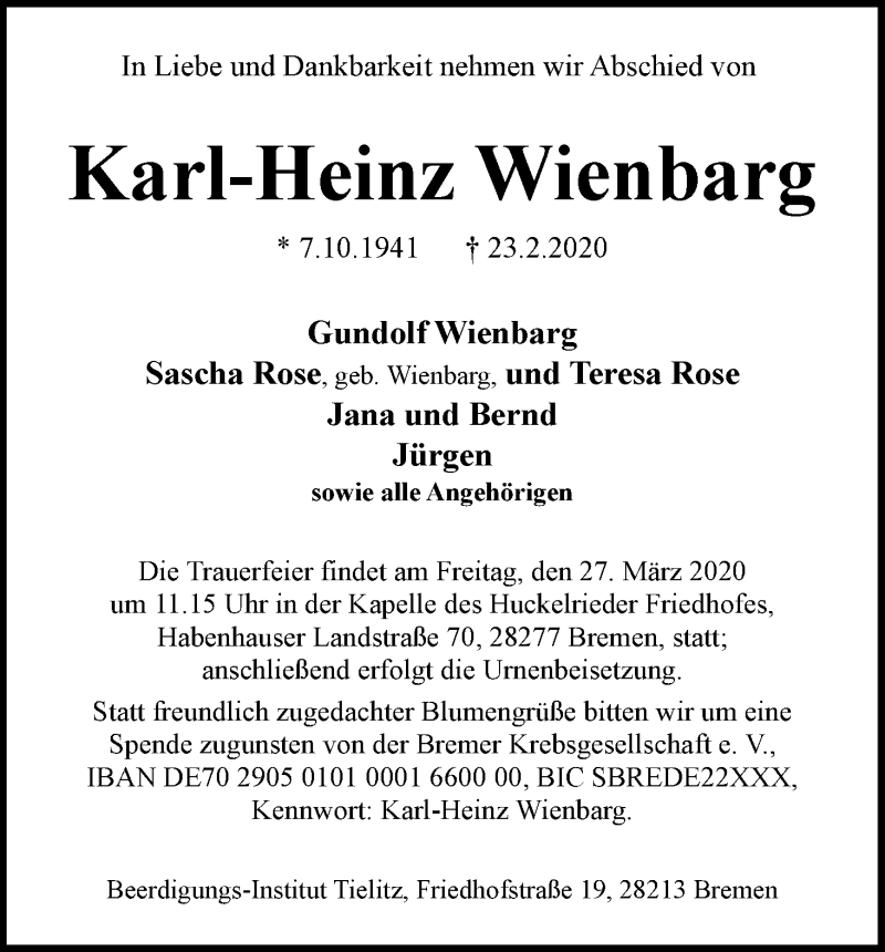 Traueranzeige von Karl-Heinz Wienbarg von WESER-KURIER