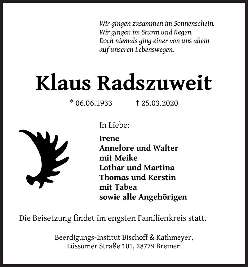 Traueranzeige von Klaus Radszuweit von Die Norddeutsche