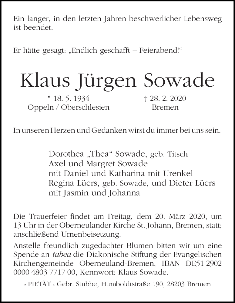 Traueranzeige von Klaus Jürgen Sowade von WESER-KURIER