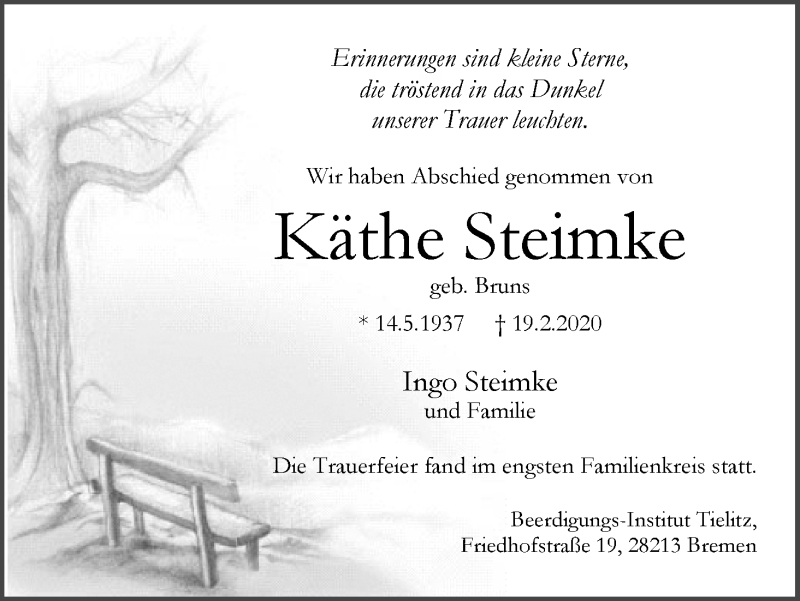 Traueranzeige von Käthe Steimke von WESER-KURIER