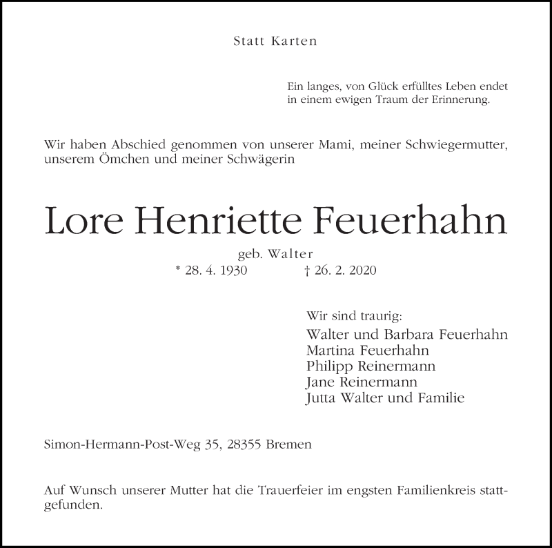 Traueranzeige von Lore Feuerhahn von WESER-KURIER