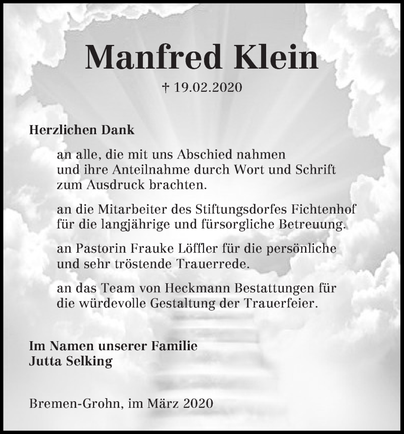 Traueranzeige von Manfred Klein von WESER-KURIER
