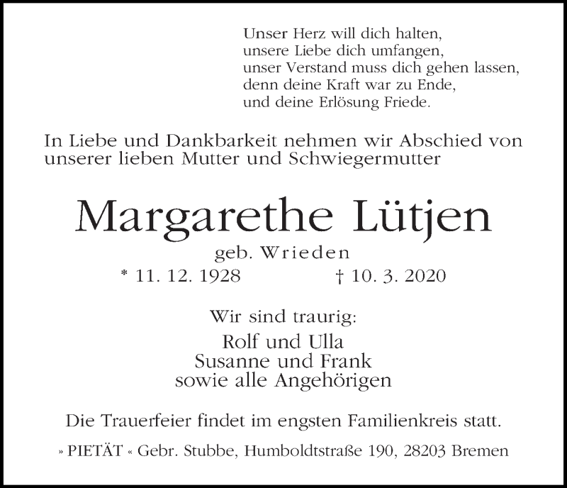 Traueranzeige von Margarethe Lütjen von WESER-KURIER