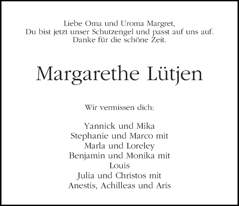 Traueranzeige von Margarethe Lütjen von WESER-KURIER