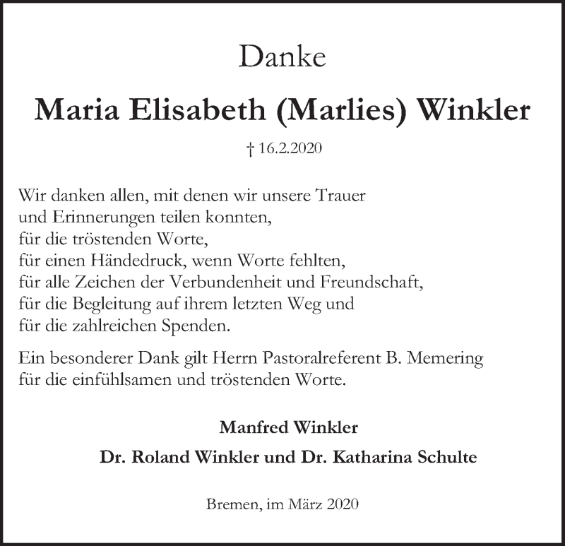 Traueranzeige von Maria Elisabeth  Winkler von WESER-KURIER