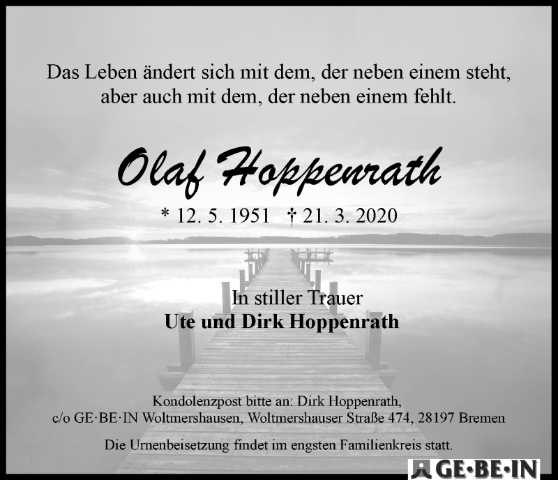 Traueranzeige von Olaf Hoppenrath von WESER-KURIER
