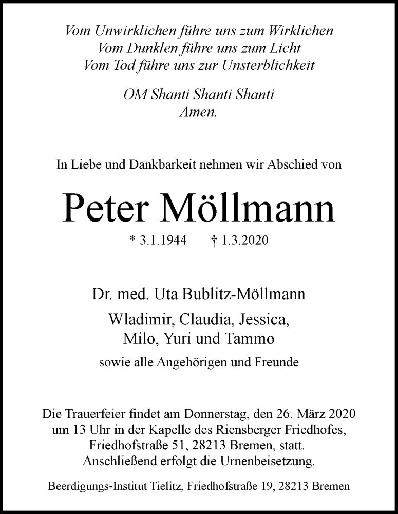 Traueranzeige von Peter Möllmann von WESER-KURIER