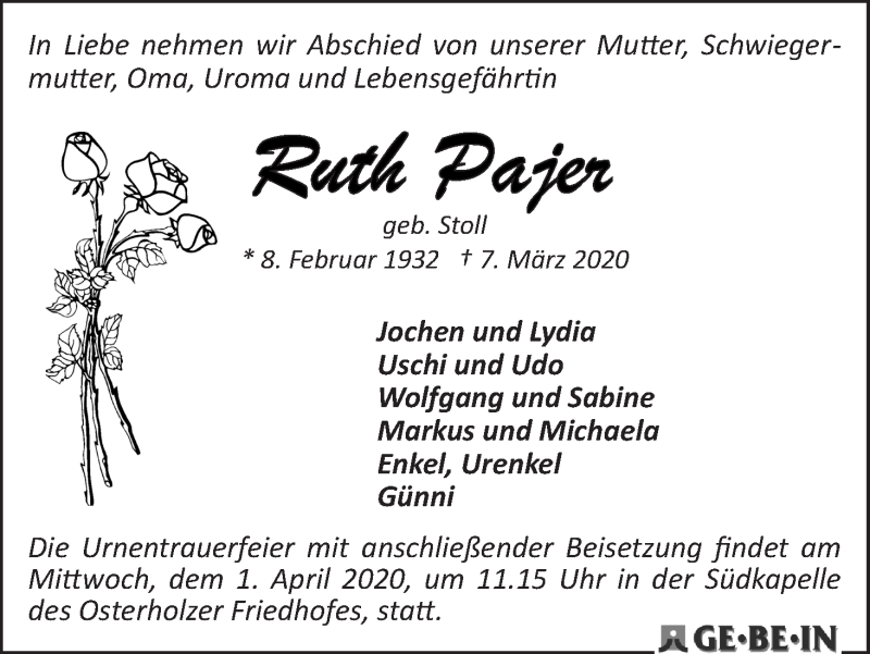 Traueranzeige von Ruth Pajer von WESER-KURIER