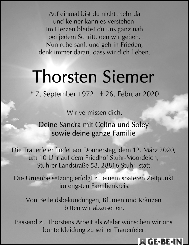 Traueranzeige von Thorsten Siemer von WESER-KURIER
