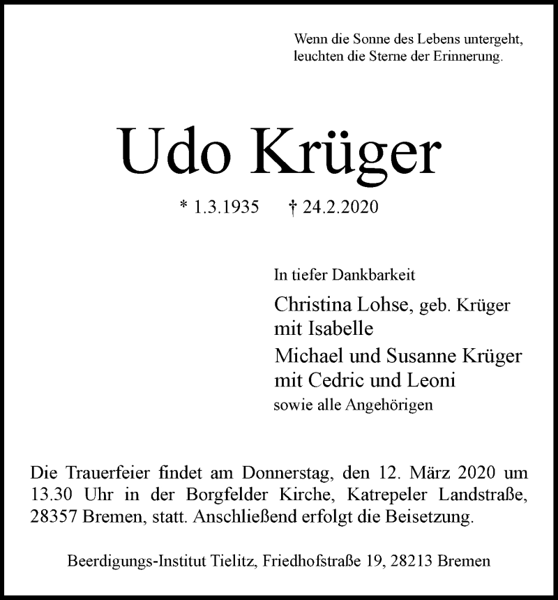 Traueranzeige von Udo Krüger von WESER-KURIER