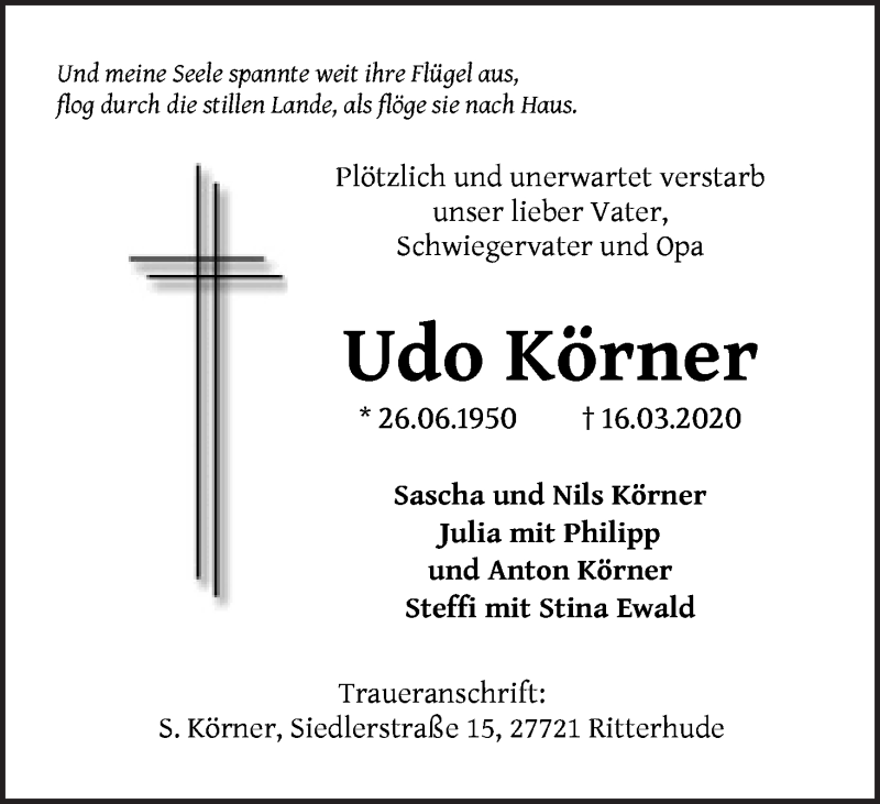 Traueranzeige von Udo Körner von Die Norddeutsche