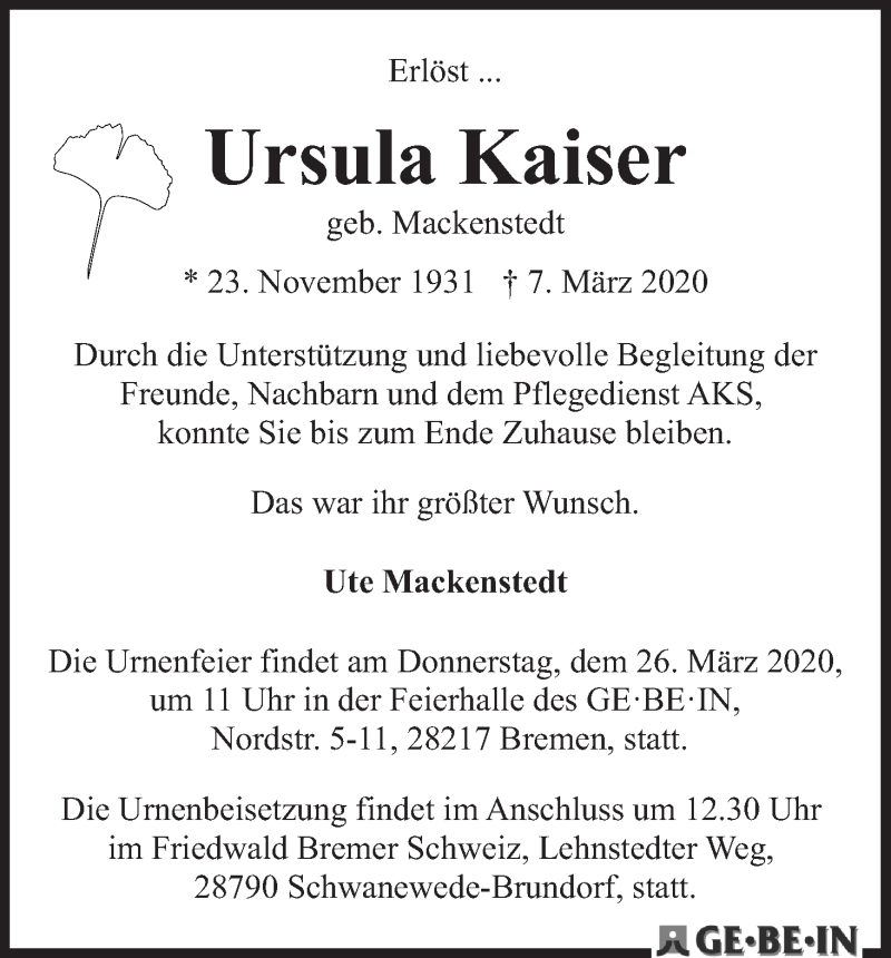 Traueranzeige von Ursula Kaiser von WESER-KURIER