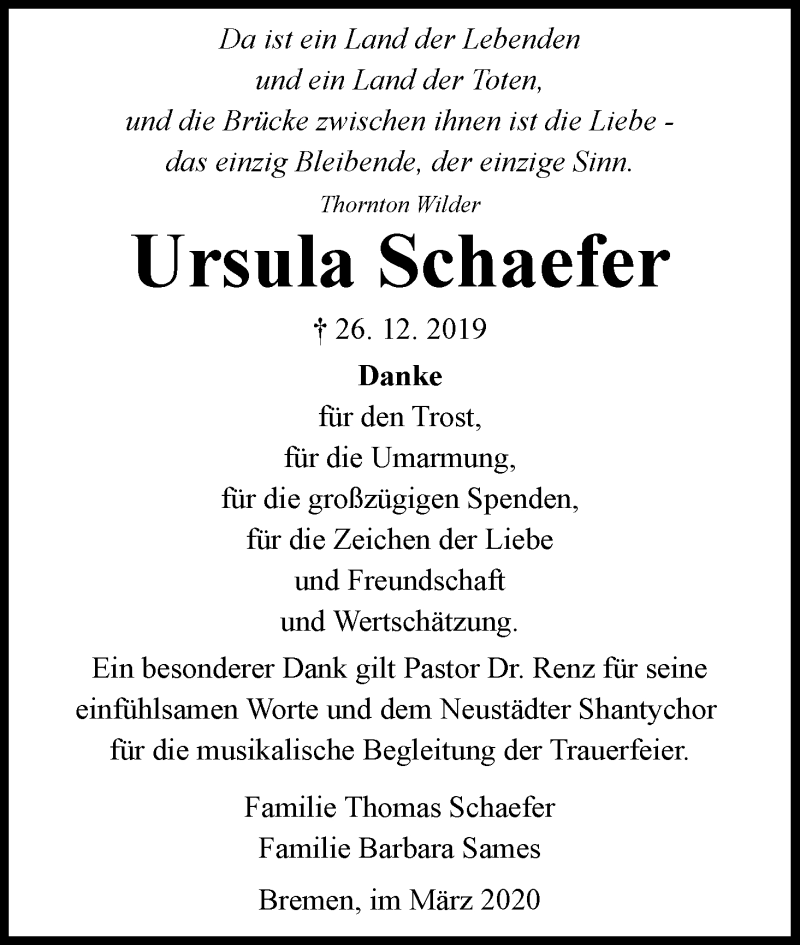 Traueranzeige von Ursula Schaefer von WESER-KURIER
