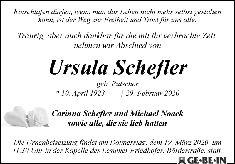Traueranzeige von Ursula Schefler von WESER-KURIER