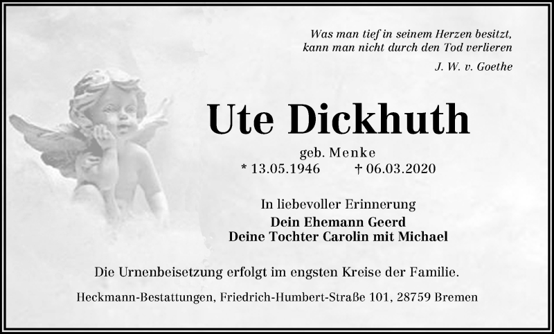 Traueranzeige von Ute Dickhuth von Die Norddeutsche
