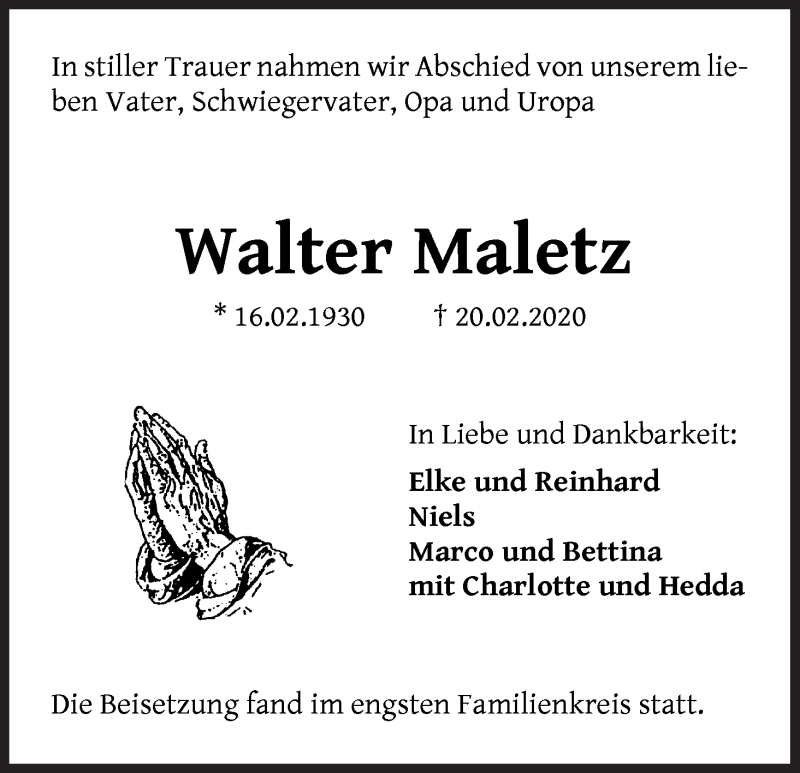 Traueranzeige von Walter Maletz von Die Norddeutsche