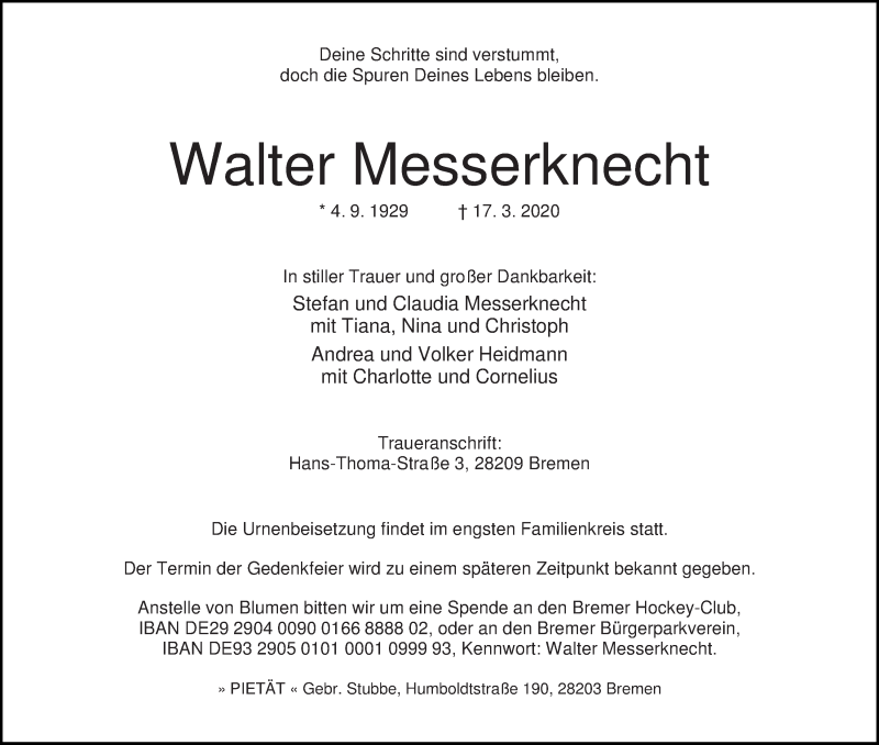 Traueranzeige von Walter Messerknecht von WESER-KURIER