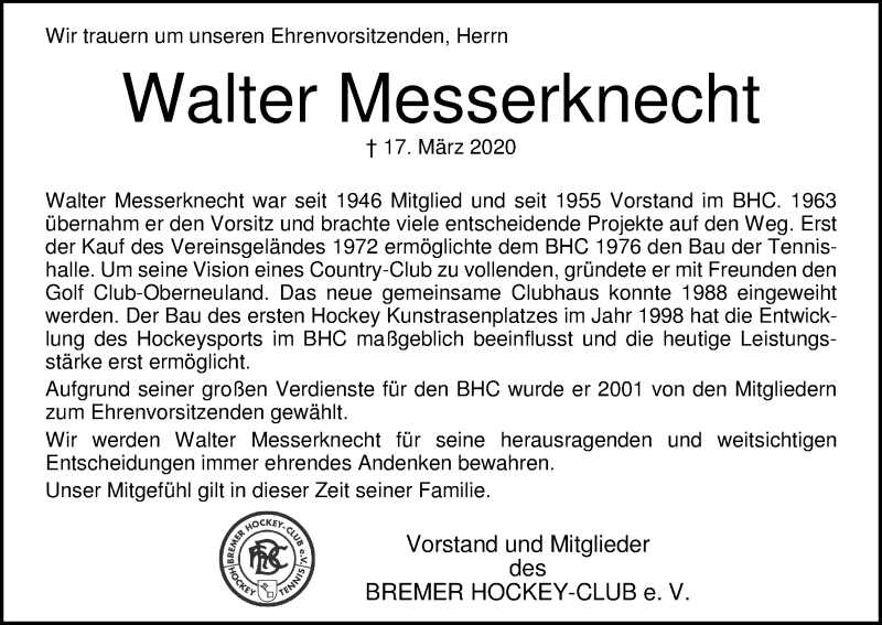 Traueranzeige von Walter Messerknecht von WESER-KURIER