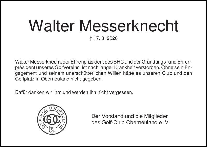 Traueranzeige von Walter Messerknecht von WESER-KURIER