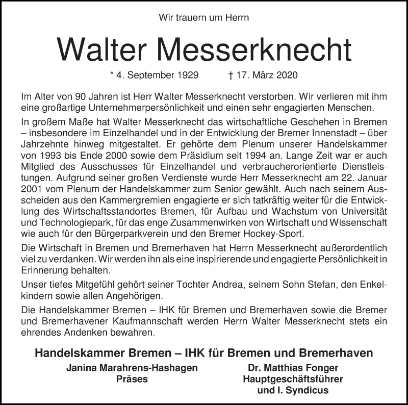 Traueranzeige von Walter Messerknecht von WESER-KURIER