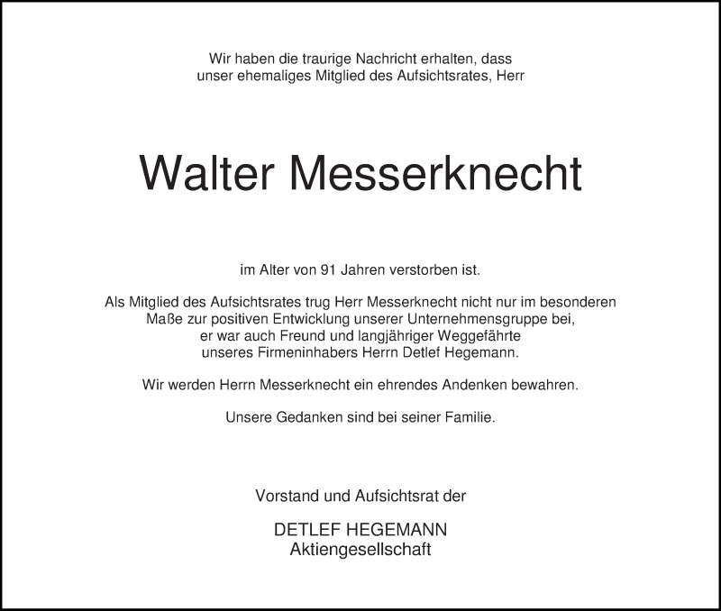 Traueranzeige von Walter Messerknecht von WESER-KURIER