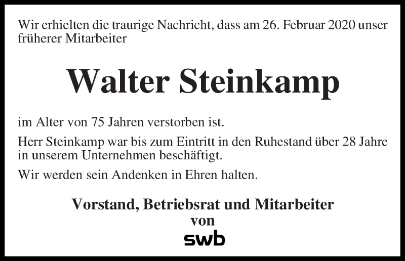 Traueranzeige von Walter Steinkamp von WESER-KURIER