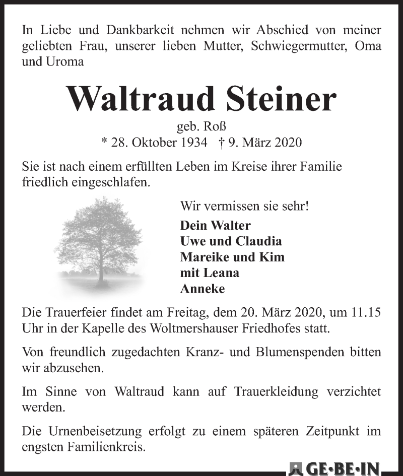 Traueranzeige von Waltraud Steiner von WESER-KURIER