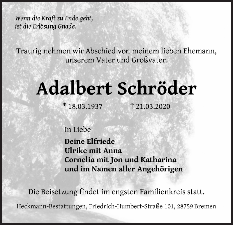 Traueranzeige von Adalbert Schröder von Die Norddeutsche