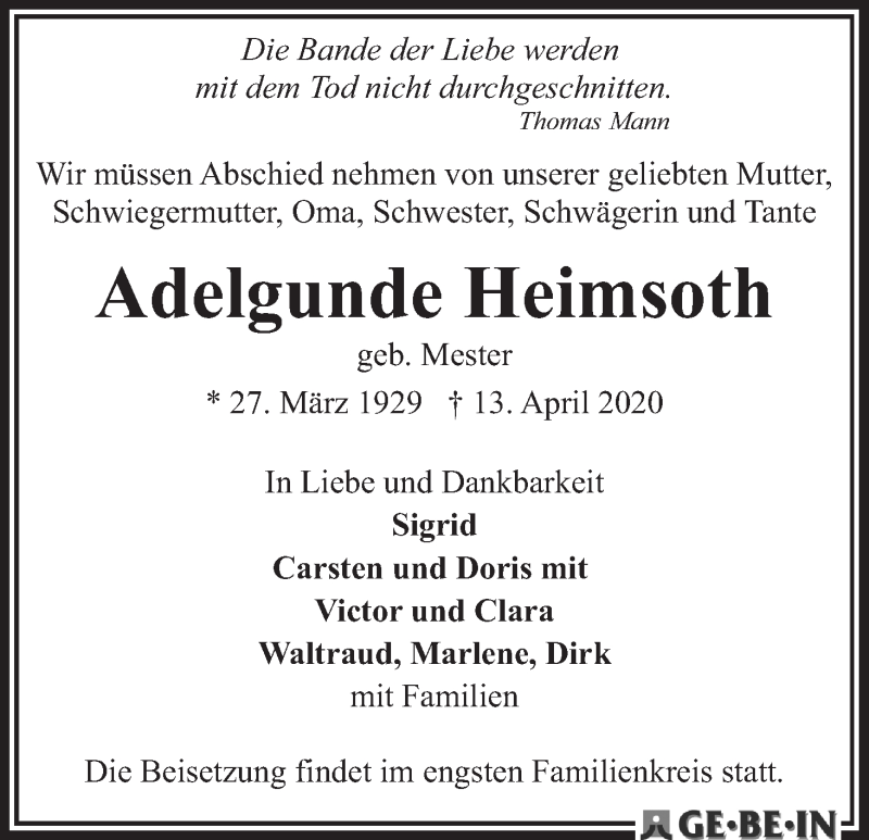 Traueranzeige von Adelgunde Heimsoth von WESER-KURIER