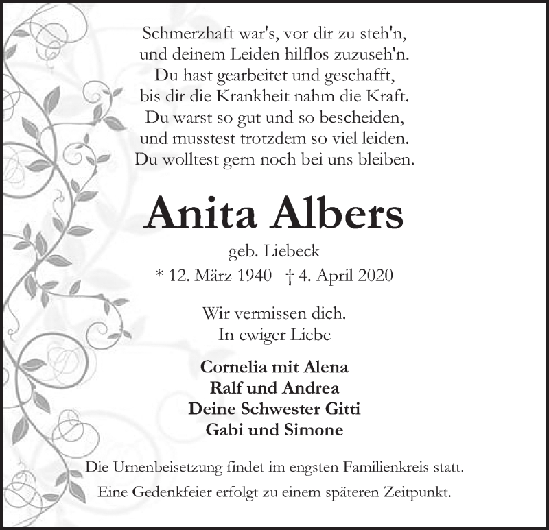 Traueranzeige von Anita Albers von WESER-KURIER
