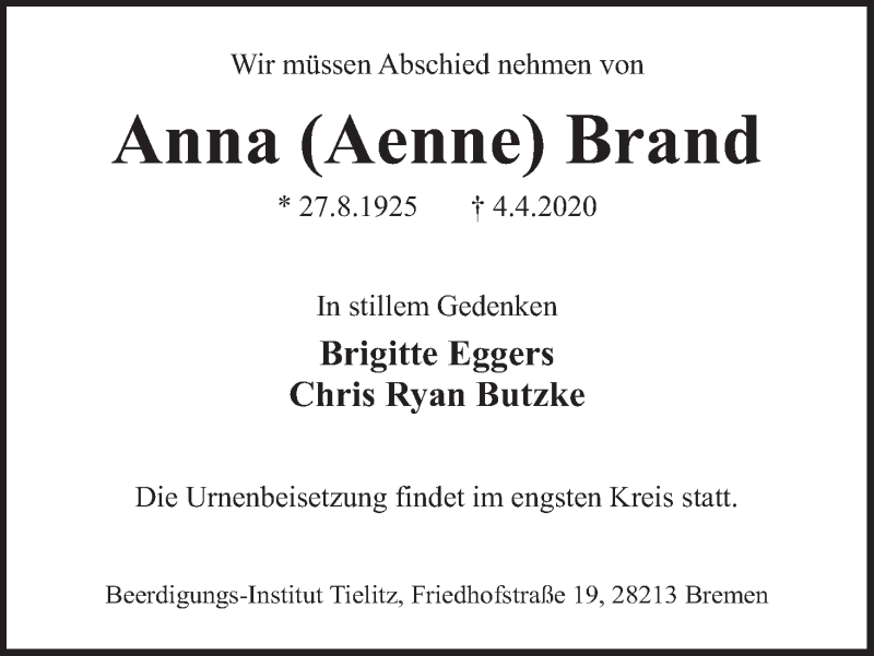 Traueranzeige von Anna (Aenne) Brand von WESER-KURIER