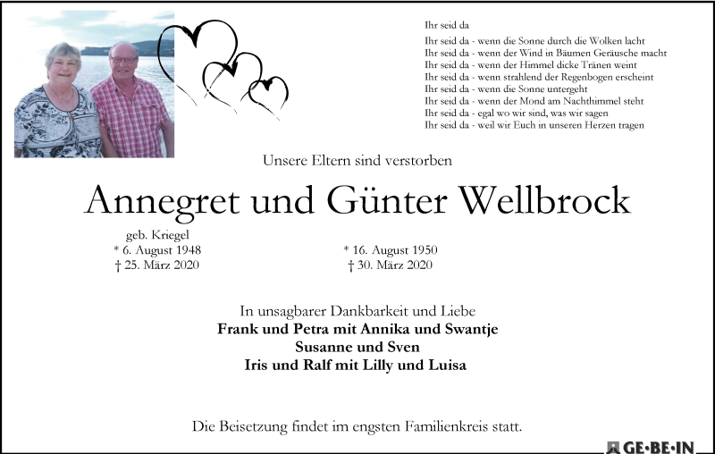 Traueranzeige von Annegret und Günter Wellbrock von WESER-KURIER