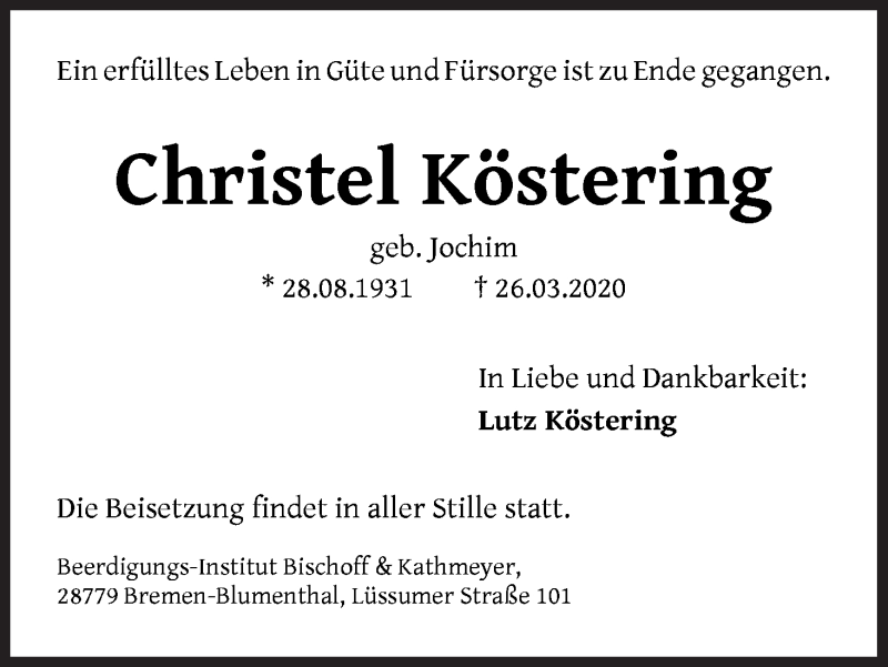 Traueranzeige von Christel Köstering von Die Norddeutsche