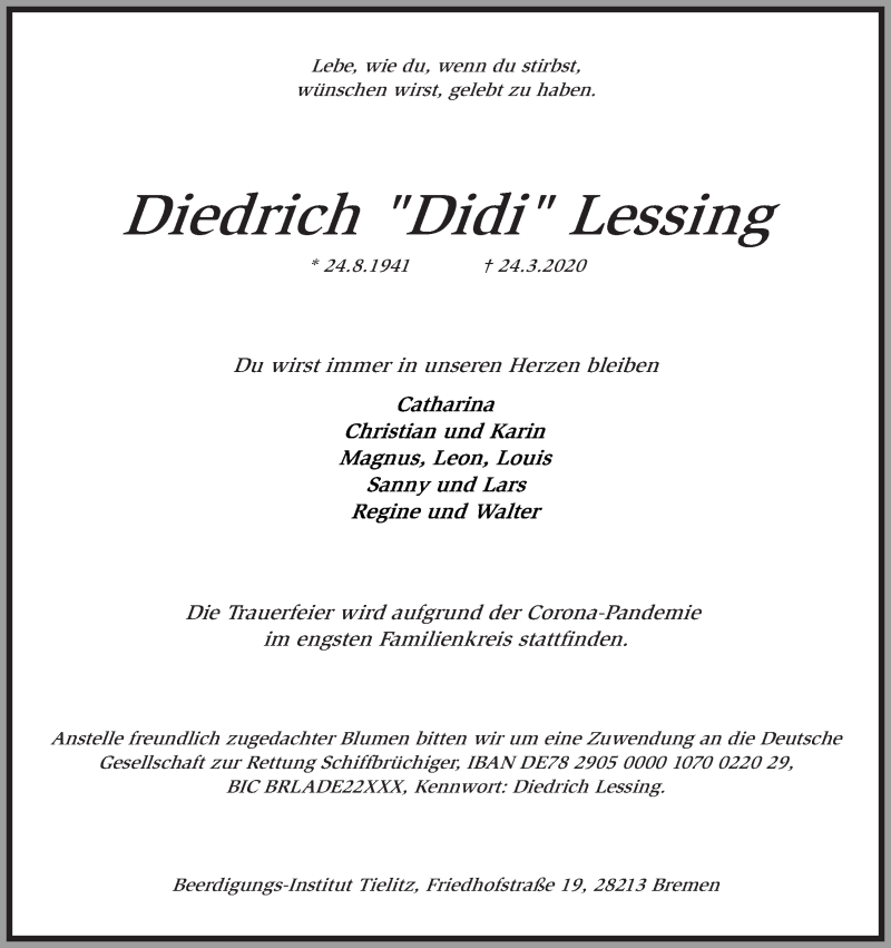 Traueranzeige von Diedrich Didi Lessing von WESER-KURIER