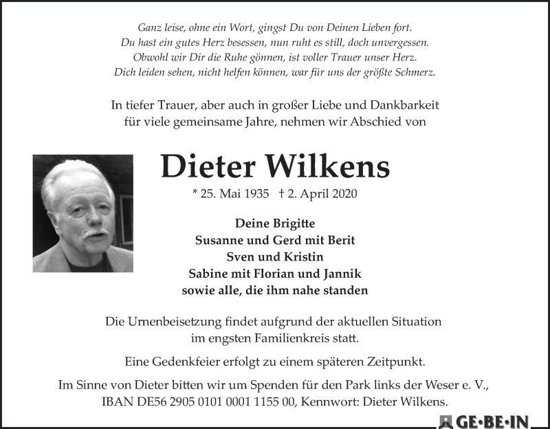 Traueranzeige von Dieter Wilkens von WESER-KURIER