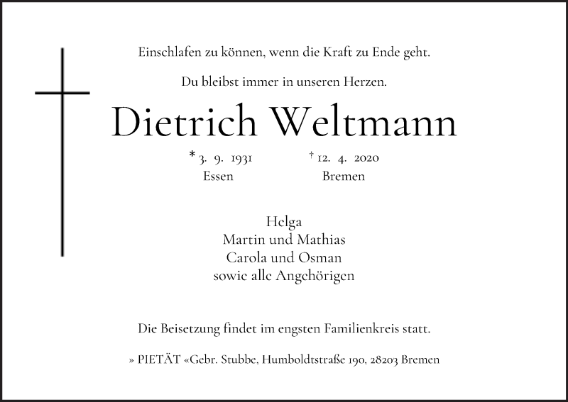 Traueranzeige von Dietrich Weltmann von WESER-KURIER