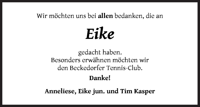 Traueranzeige von Eike Kasper von Die Norddeutsche