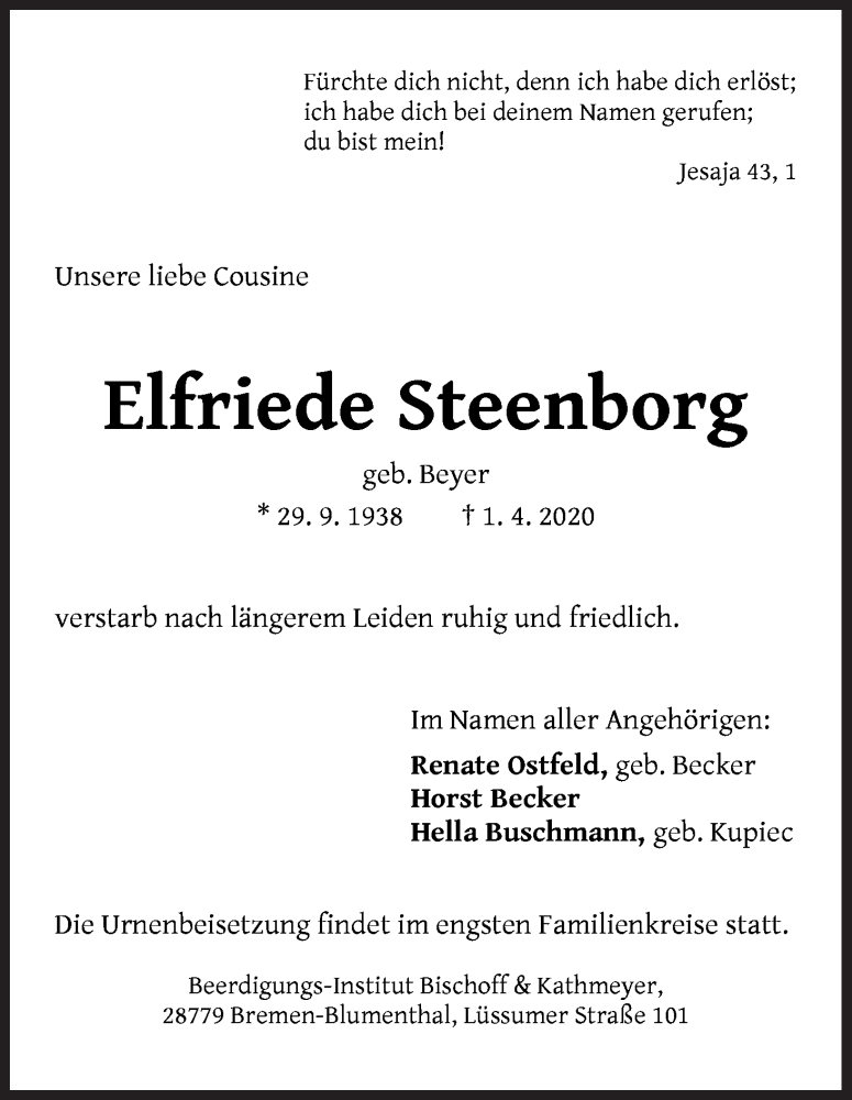 Traueranzeige von Elfriede Steenborg von Die Norddeutsche