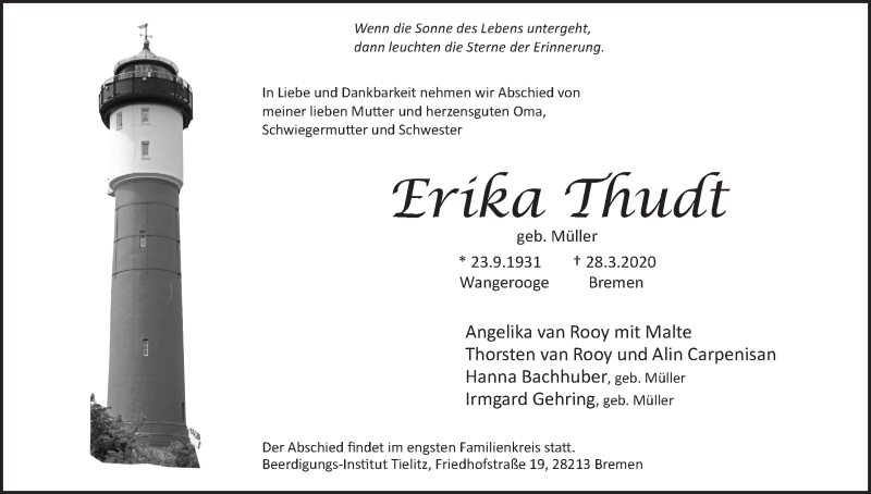 Traueranzeige von Erika Thundt von WESER-KURIER