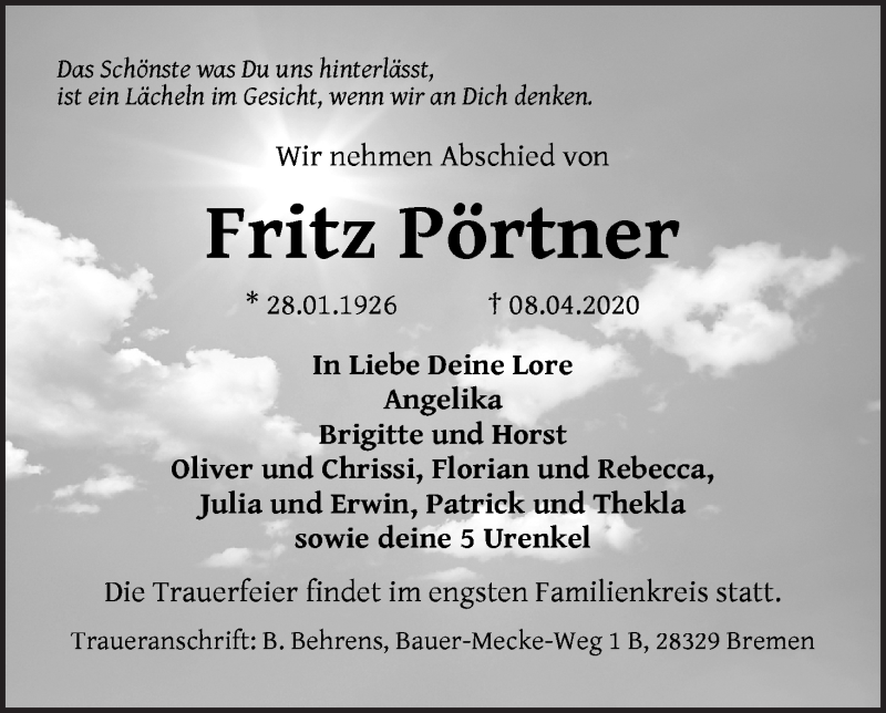 Traueranzeige von Fritz Pörtner von WESER-KURIER