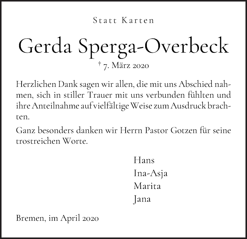 Traueranzeige von Gerda Sperga-Overbeck von WESER-KURIER