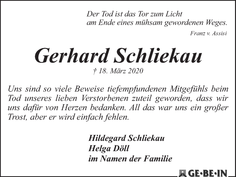 Traueranzeige von Gerhard Schliekau von Achimer Kurier/Verdener Nachrichten