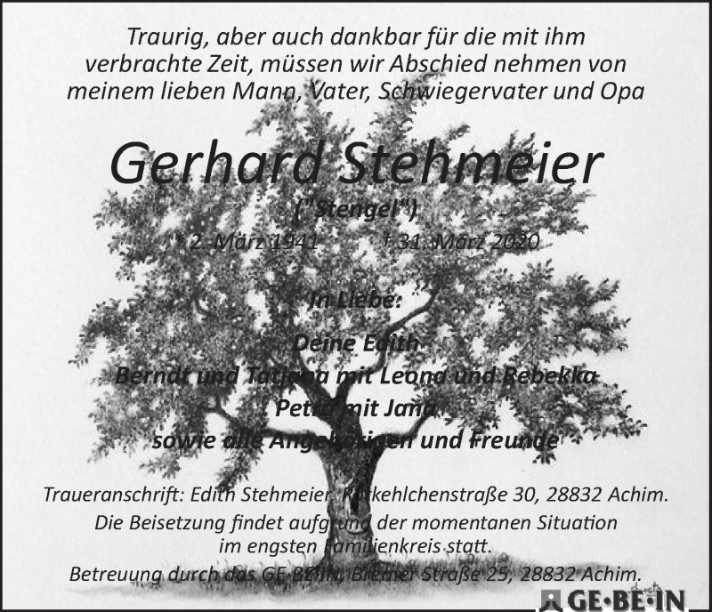 Traueranzeige von Gerhard 