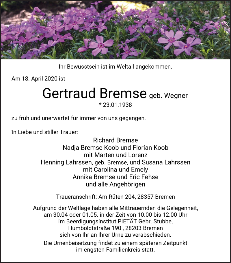 Traueranzeige von Getrud Bremse von WESER-KURIER
