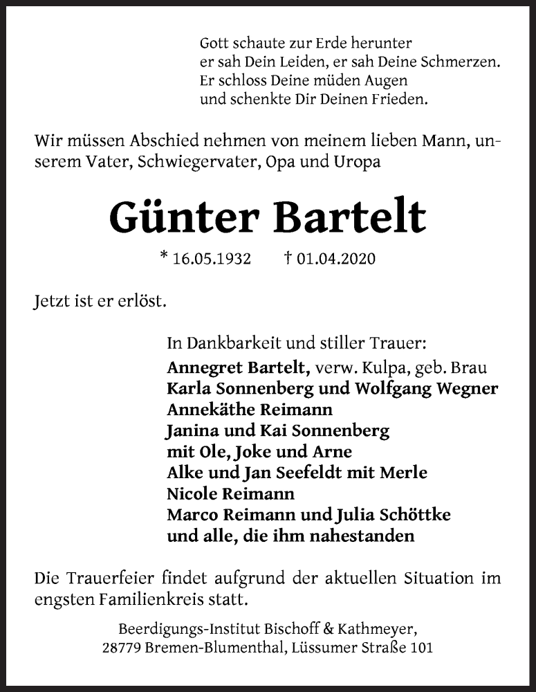 Traueranzeige von Günter Barelt von Die Norddeutsche