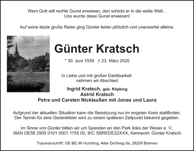 Traueranzeige von Günter Kratsch von WESER-KURIER